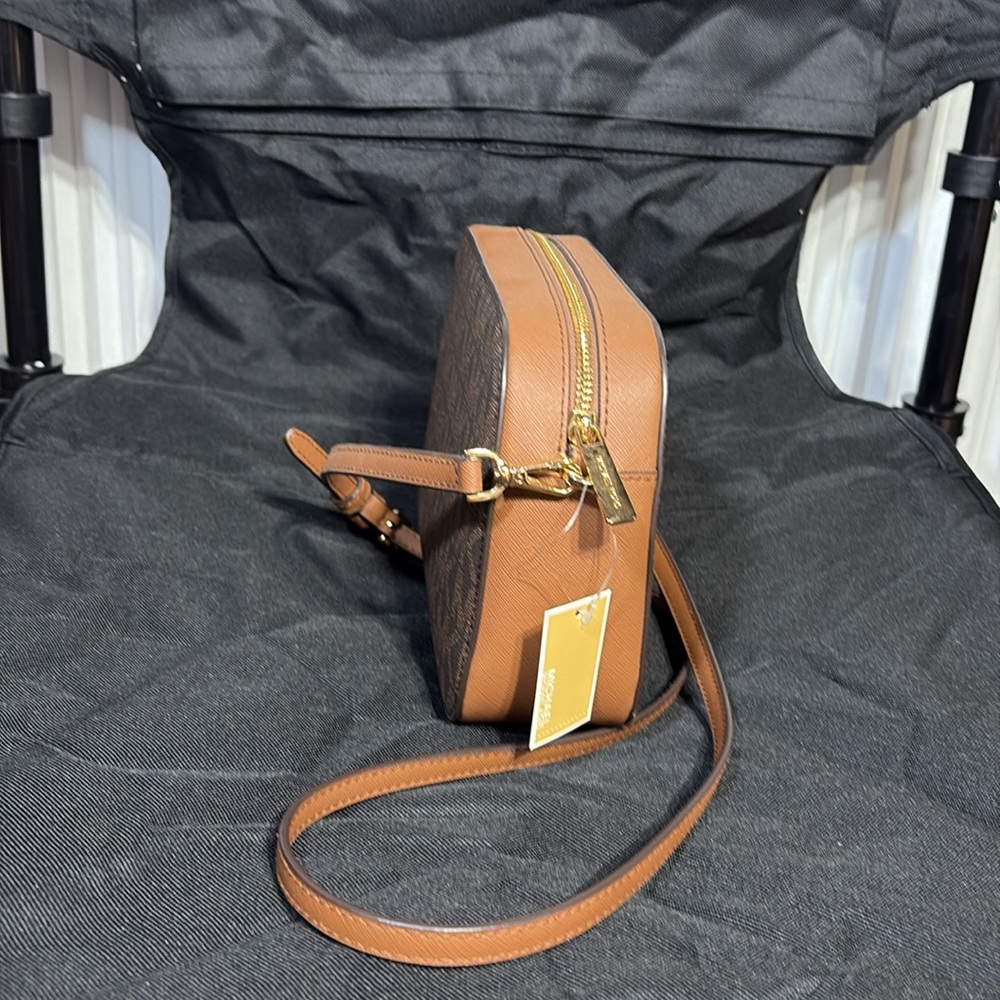 Michael Kors Brown Monogram Crossbody Bag with Leather Trim - Picture 2 of 6